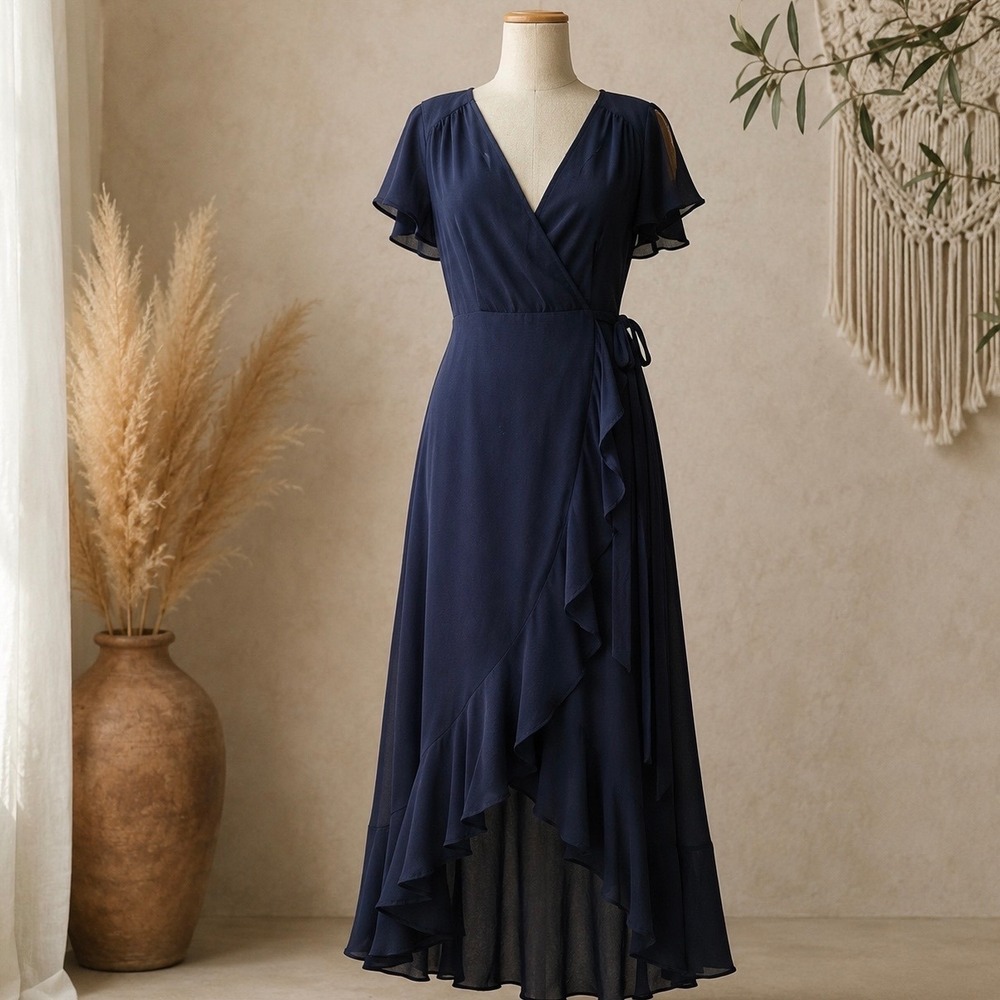 Altar'd State Navy Hi Low Maxi Dress S Ruffle Wrap Flutter Sleeve Wedding Guest